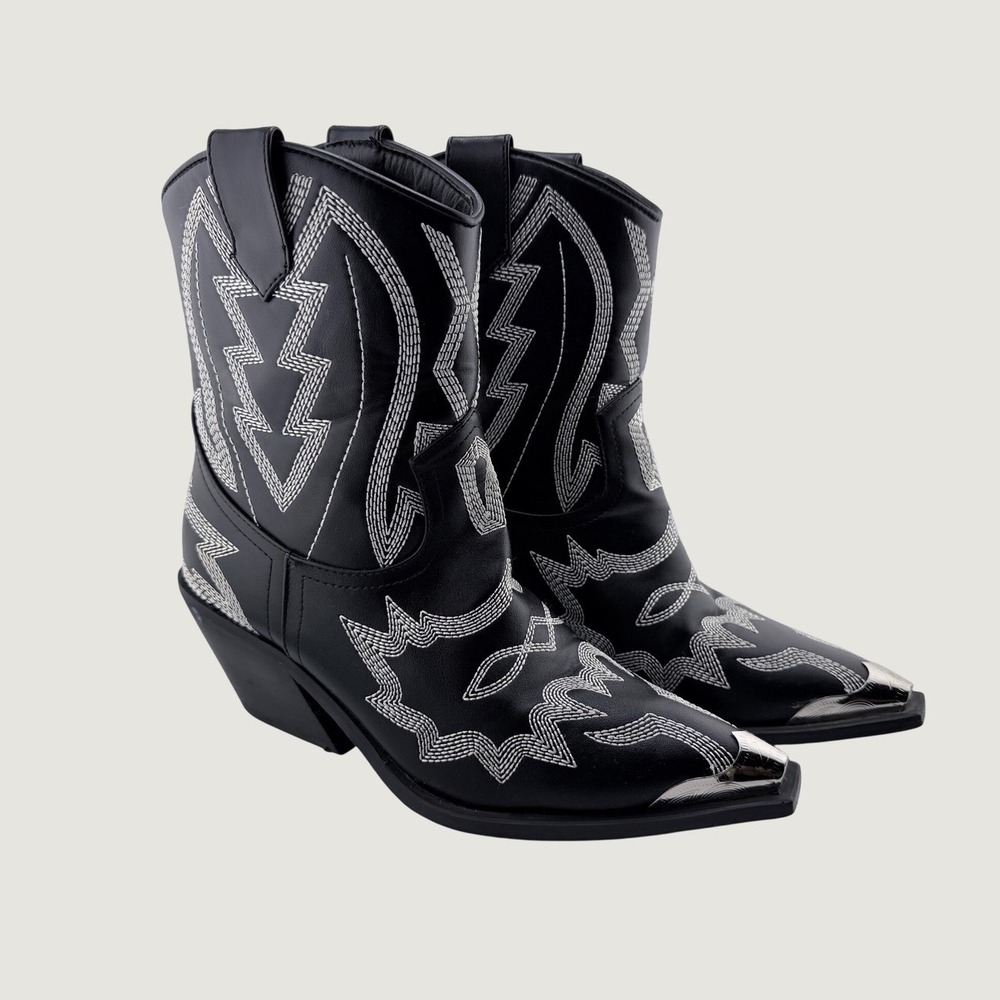 Billini Boots Women 6 Black Urson Western Cowboy Pointed Metal Toe Embroidered